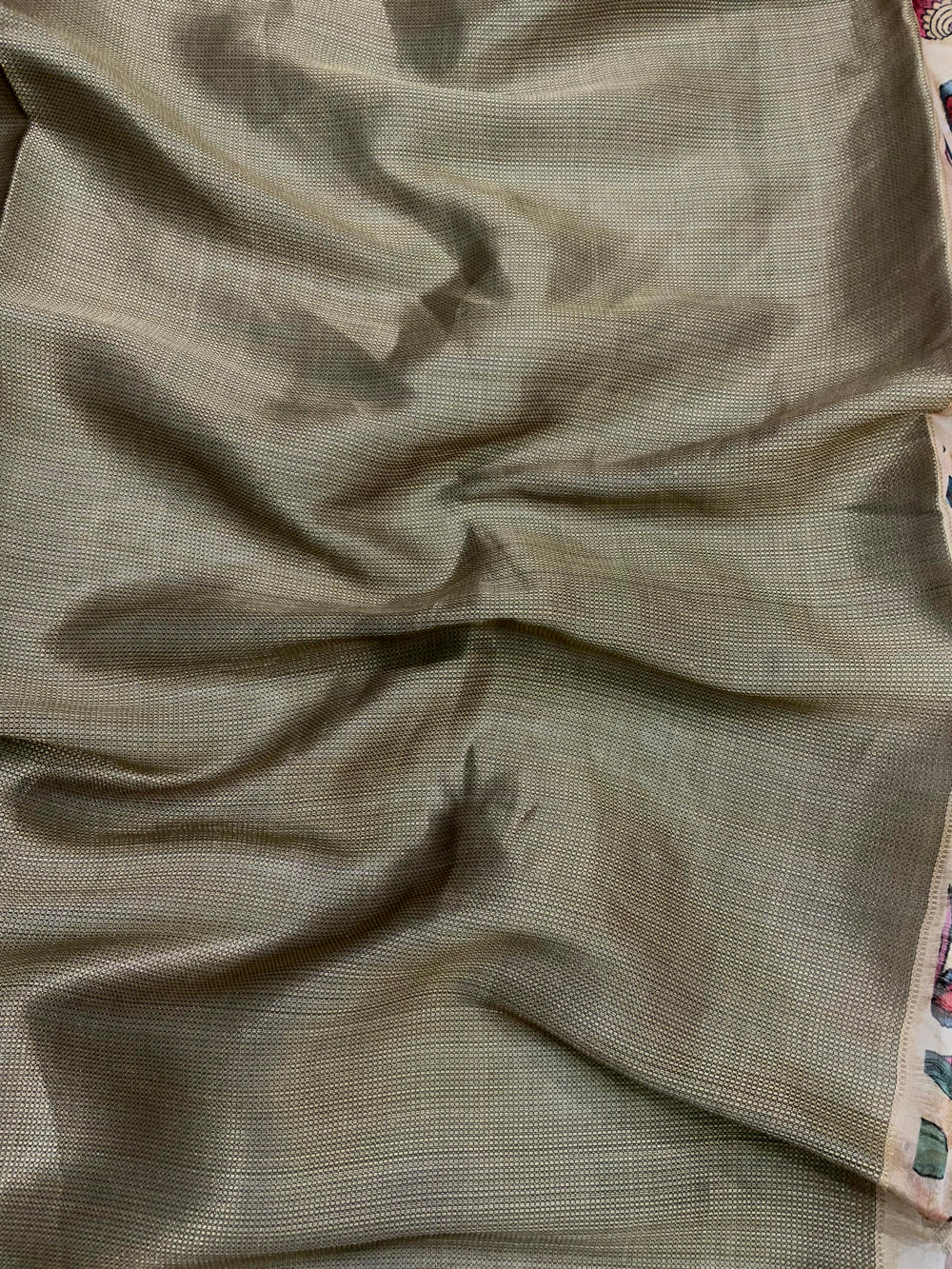 Beige Kalamkari Printed Kora Tissue Saree