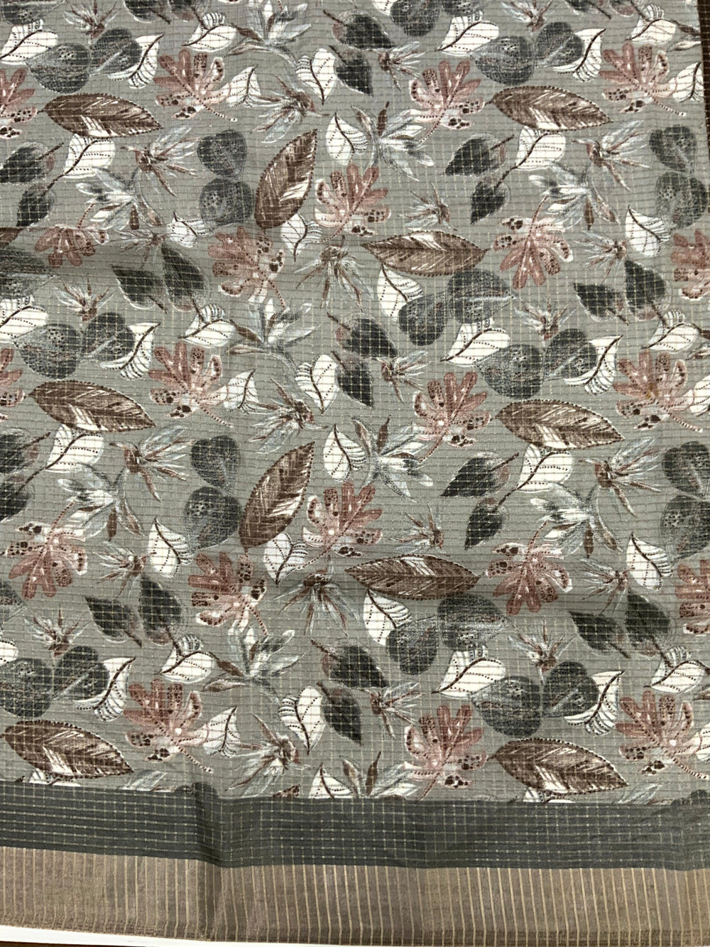 Grey Tussar Chex Floral Print Saree