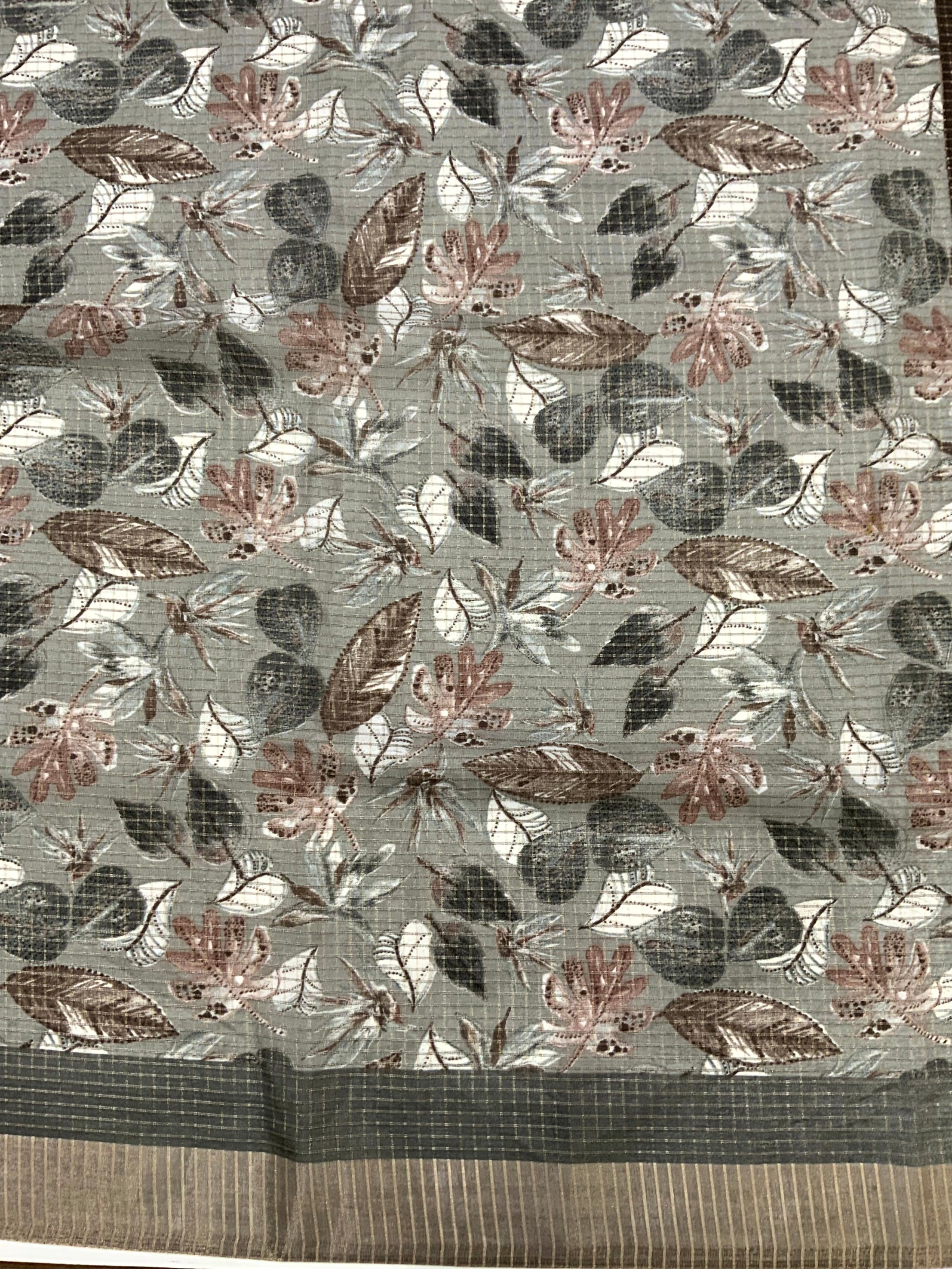 Grey Tussar Chex Floral Print Saree