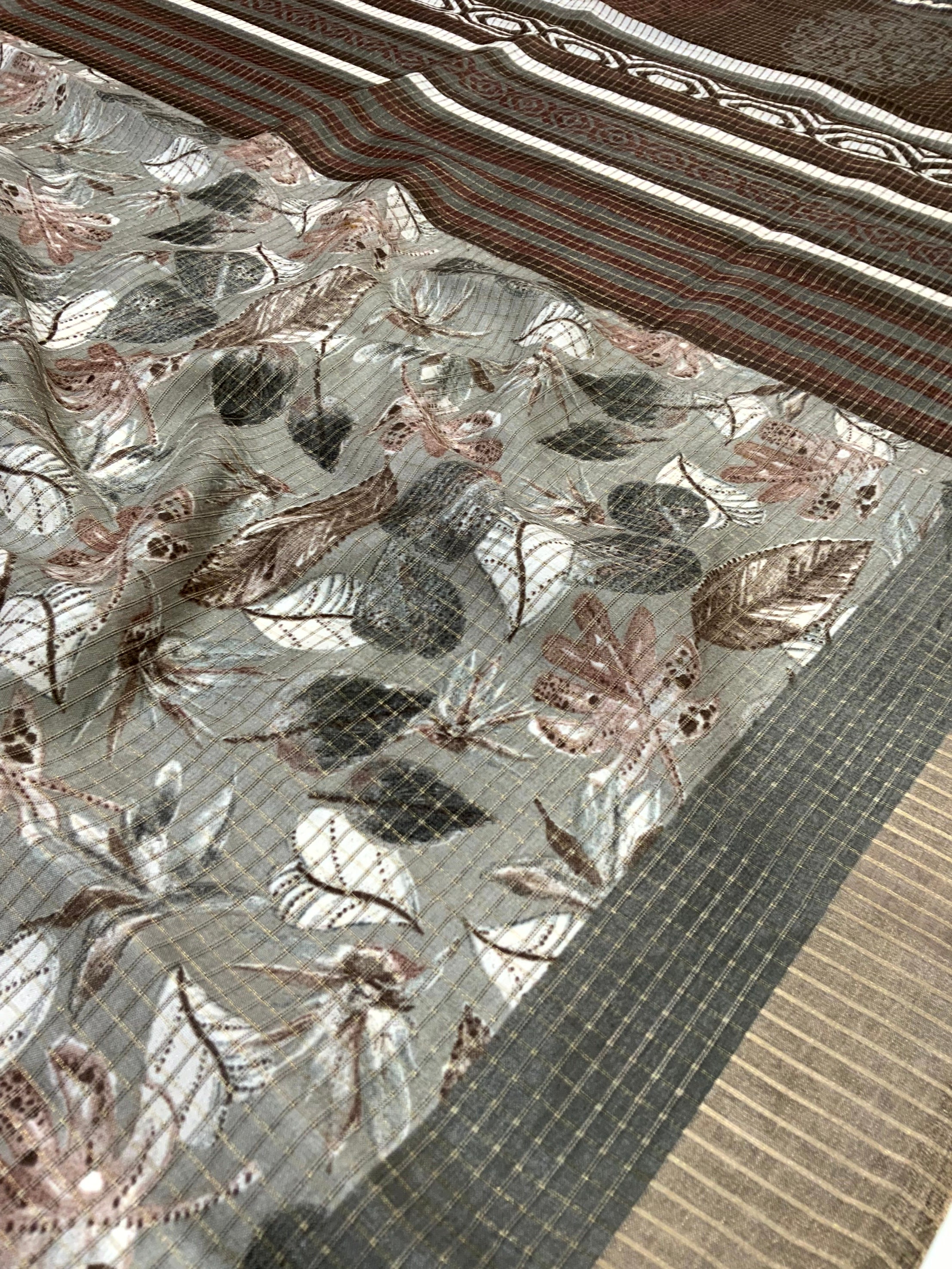 Grey Tussar Chex Floral Print Saree