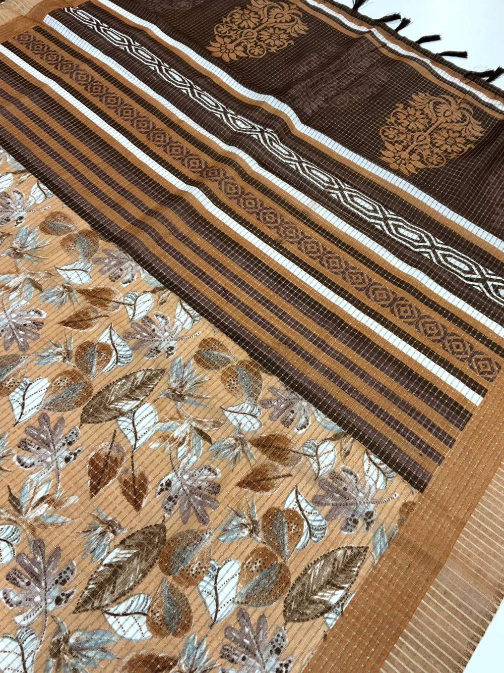 Camel Brown Tussar Chex Floral Print Saree

