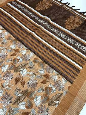 Camel Brown Tussar Chex Floral Print Saree

