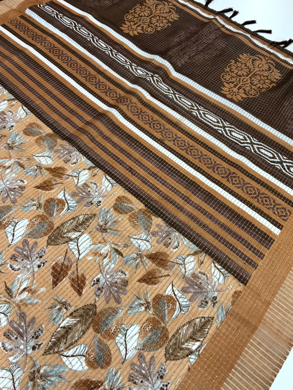 Camel Brown Tussar Chex Floral Print Saree
