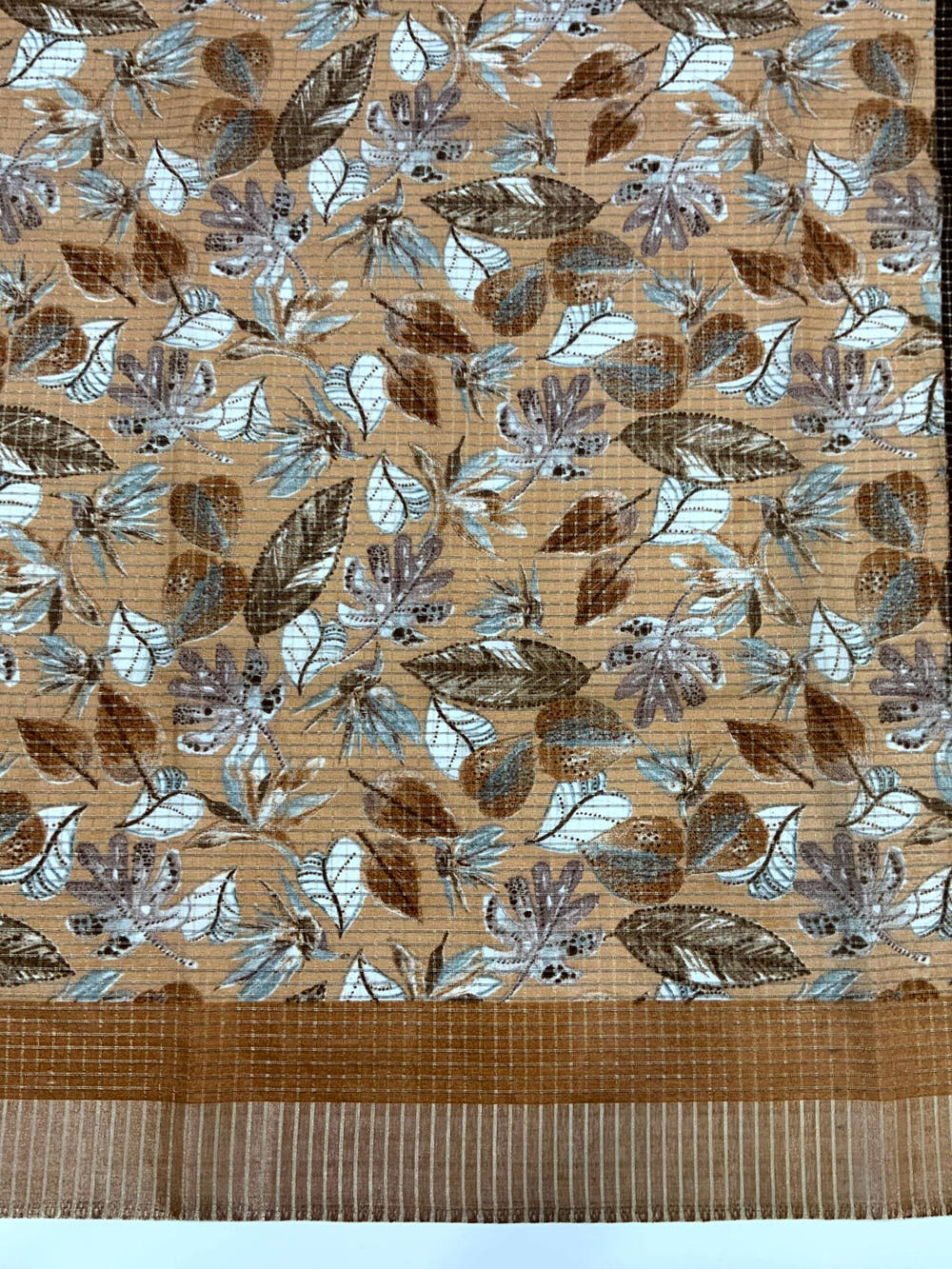 Camel Brown Tussar Chex Floral Print Saree

