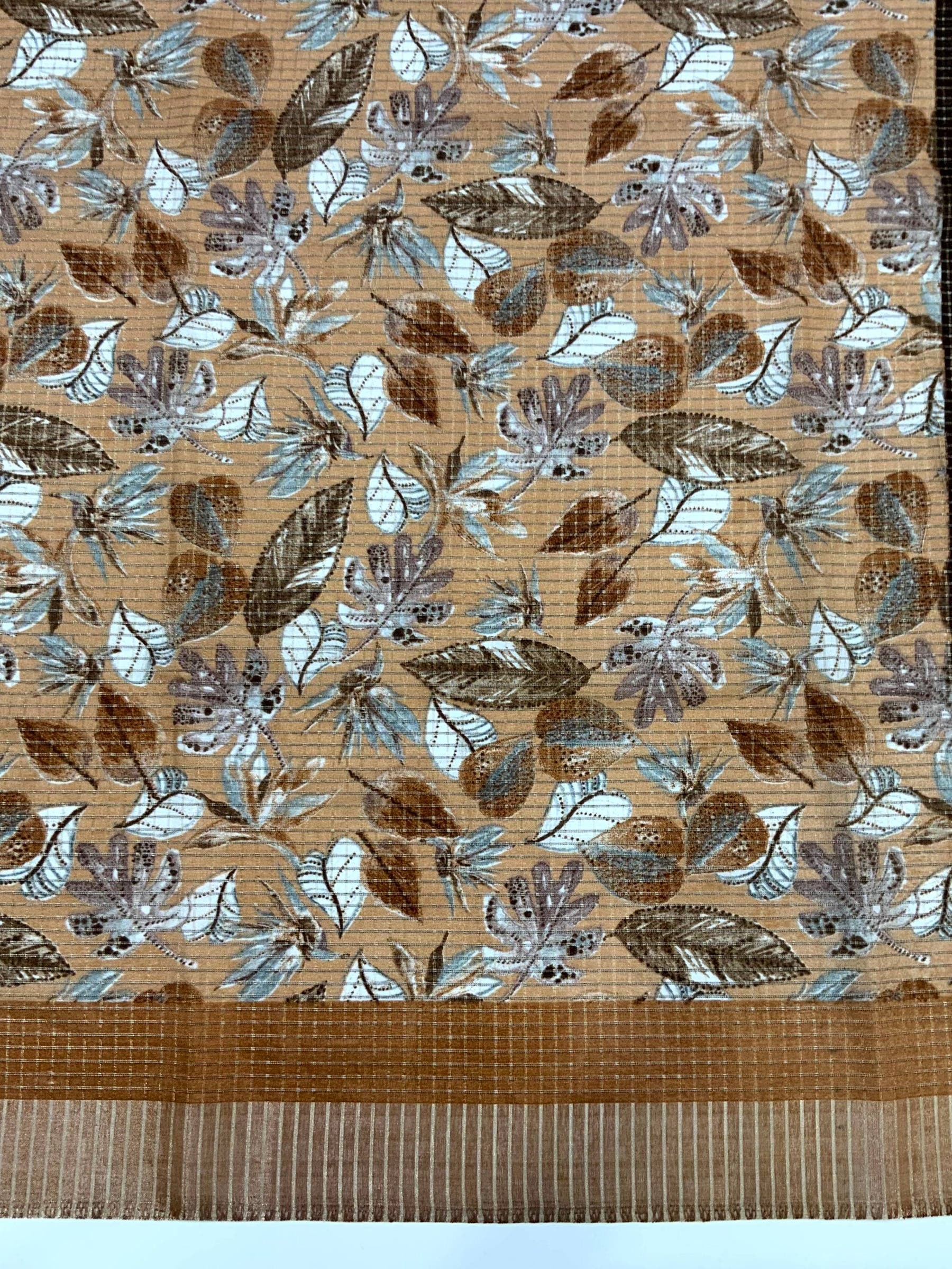 Camel Brown Tussar Chex Floral Print Saree

