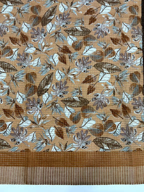 Camel Brown Tussar Chex Floral Print Saree

