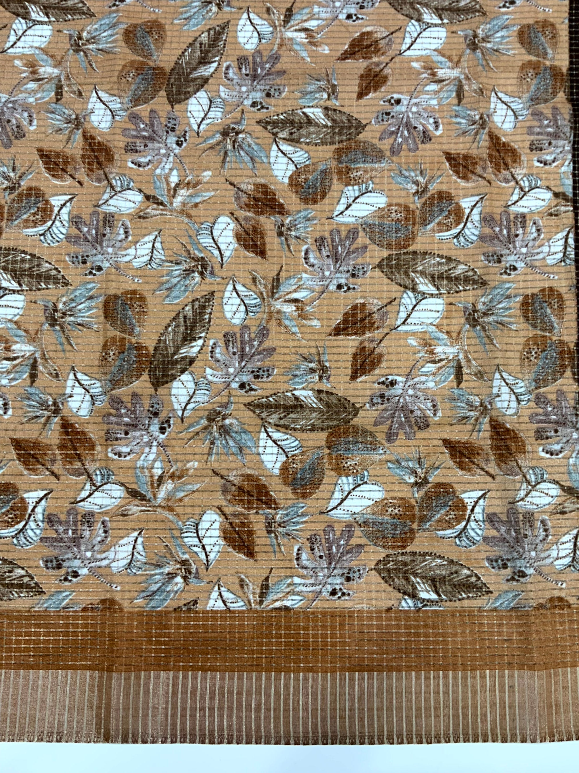 Camel Brown Tussar Chex Floral Print Saree