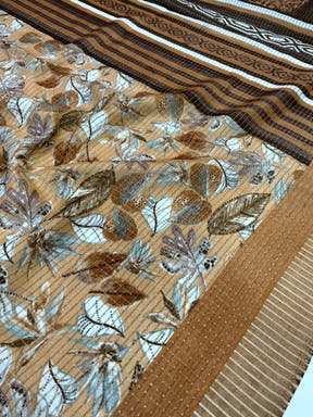 Camel Brown Tussar Chex Floral Print Saree


