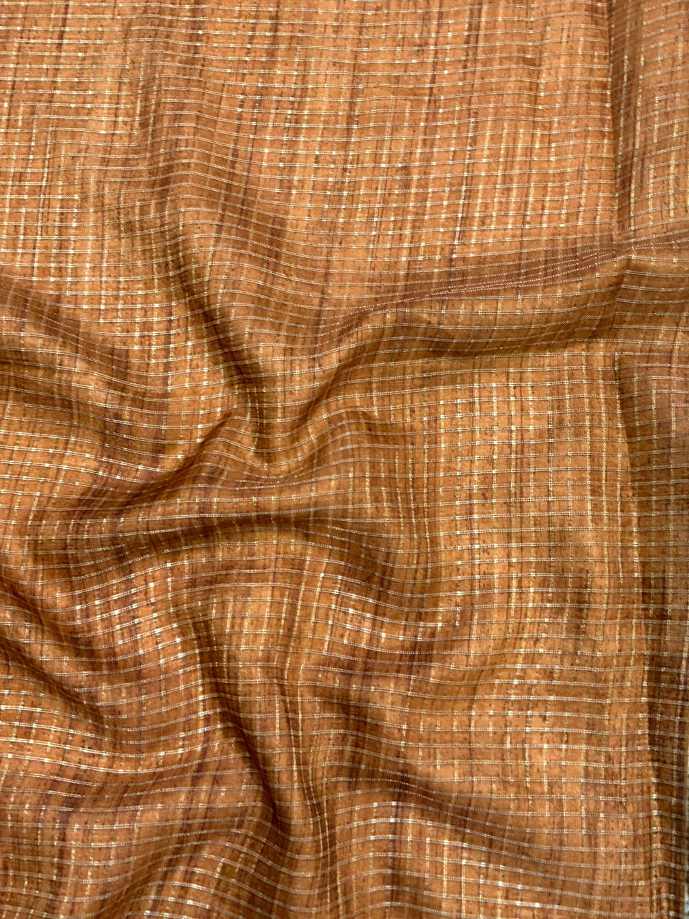 Camel Brown Tussar Chex Floral Print Saree

