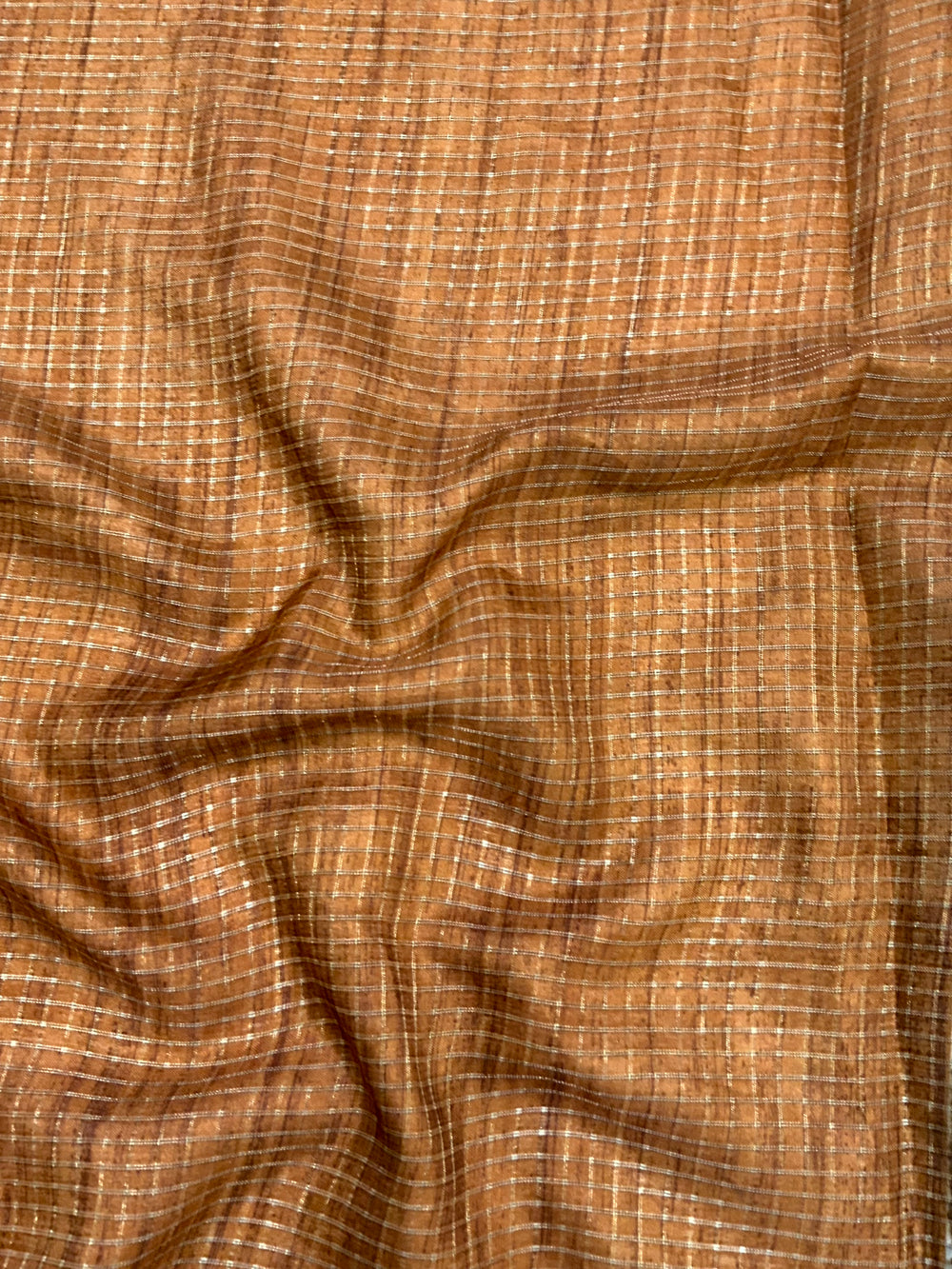 Camel Brown Tussar Chex Floral Print Saree