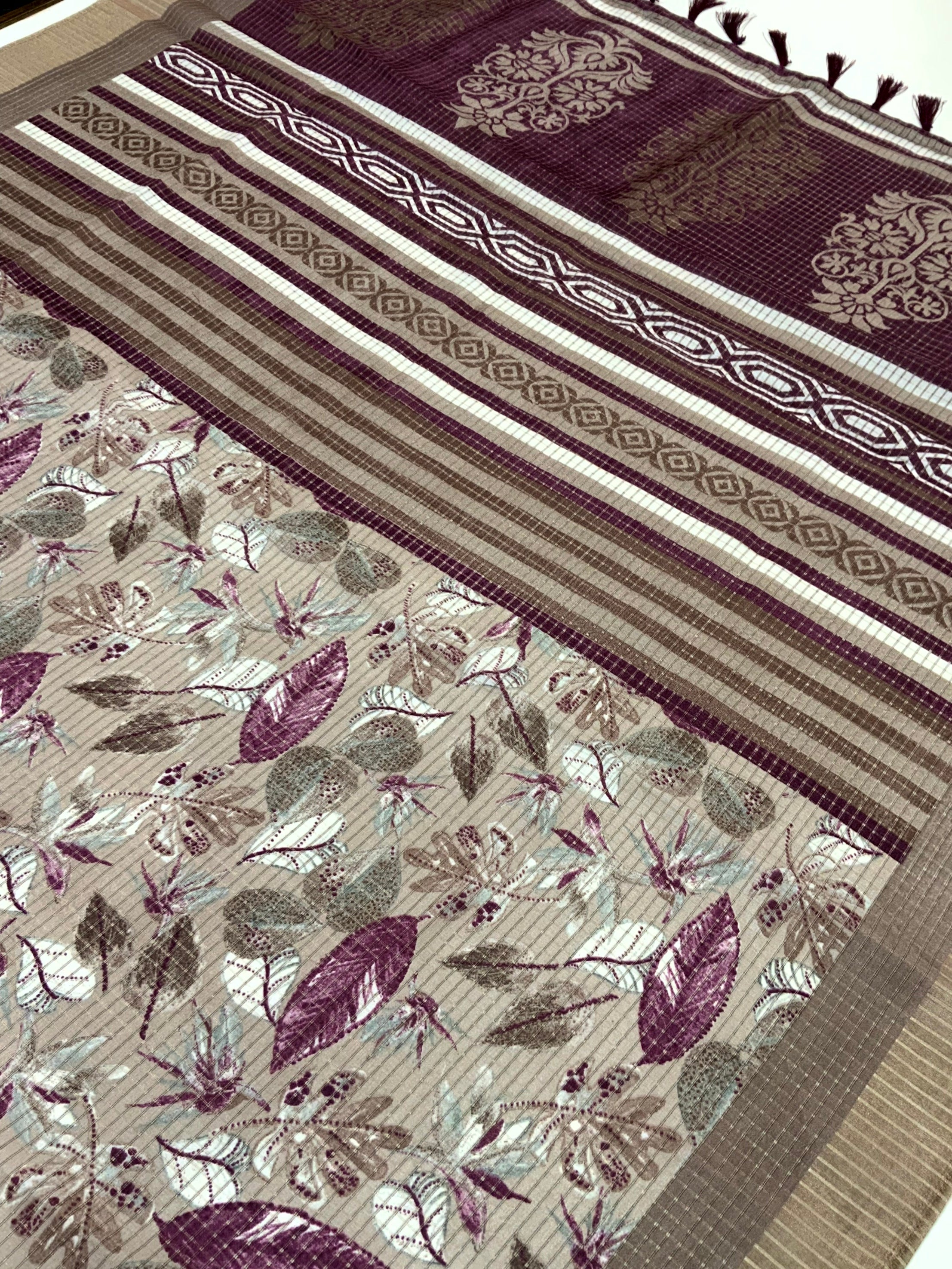 Taupe Tussar Chex Floral Print Saree