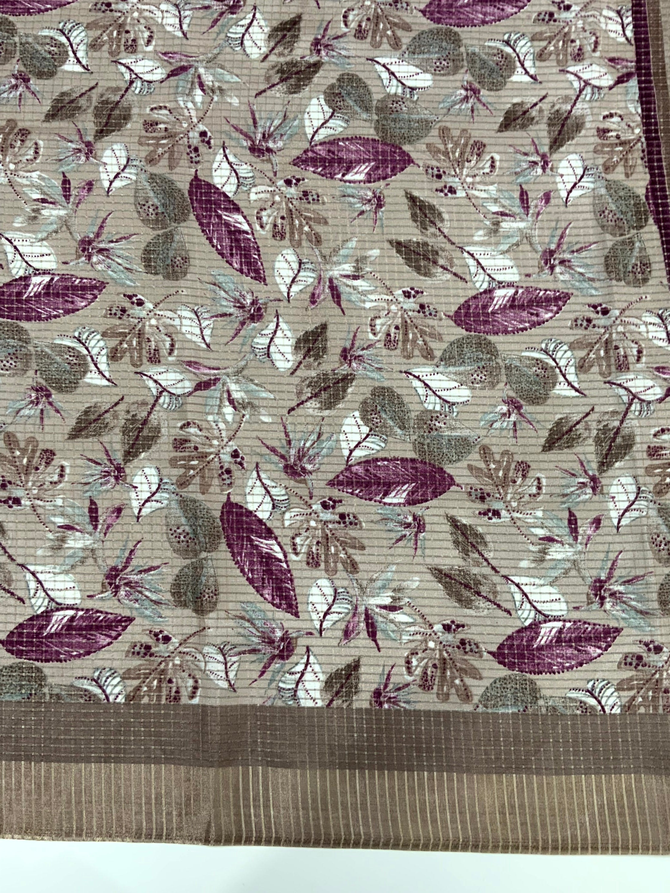 Taupe Tussar Chex Floral Print Saree