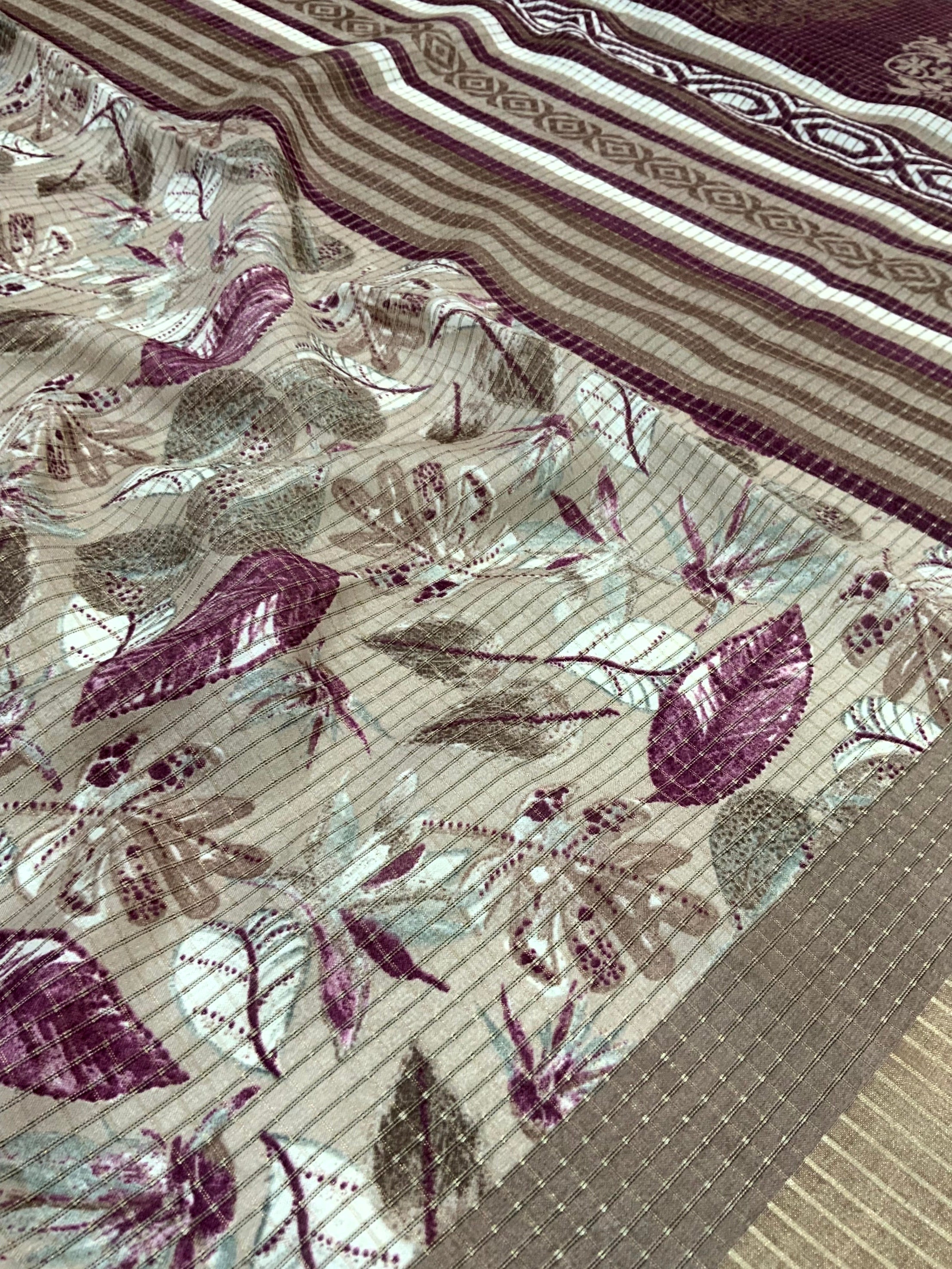 Taupe Tussar Chex Floral Print Saree