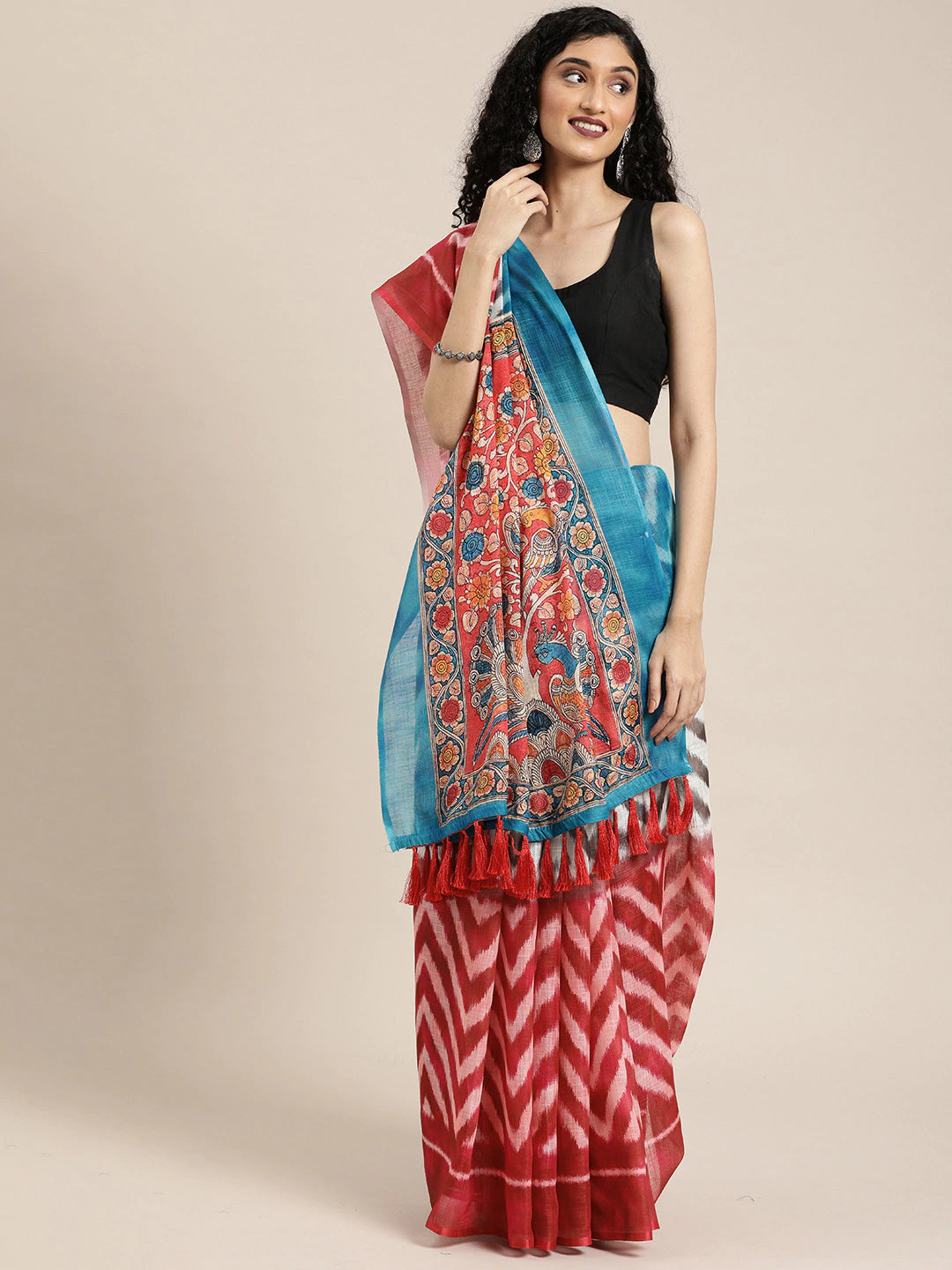  Red & White Linen Blend Printed Ikat Saree