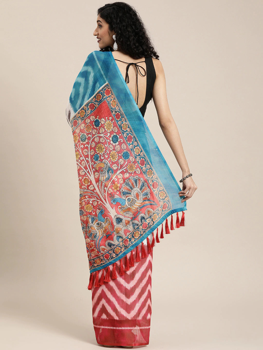  Red & White Linen Blend Printed Ikat Saree