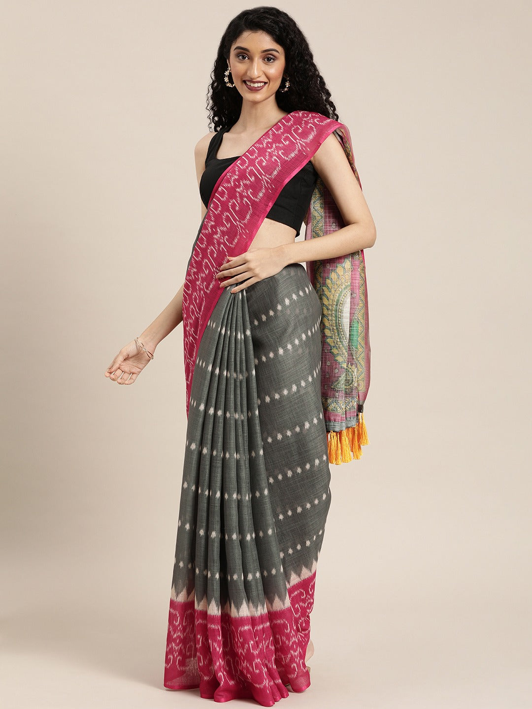 Exclusive Grey & Pink Linen Blend Printed Ikat Saree