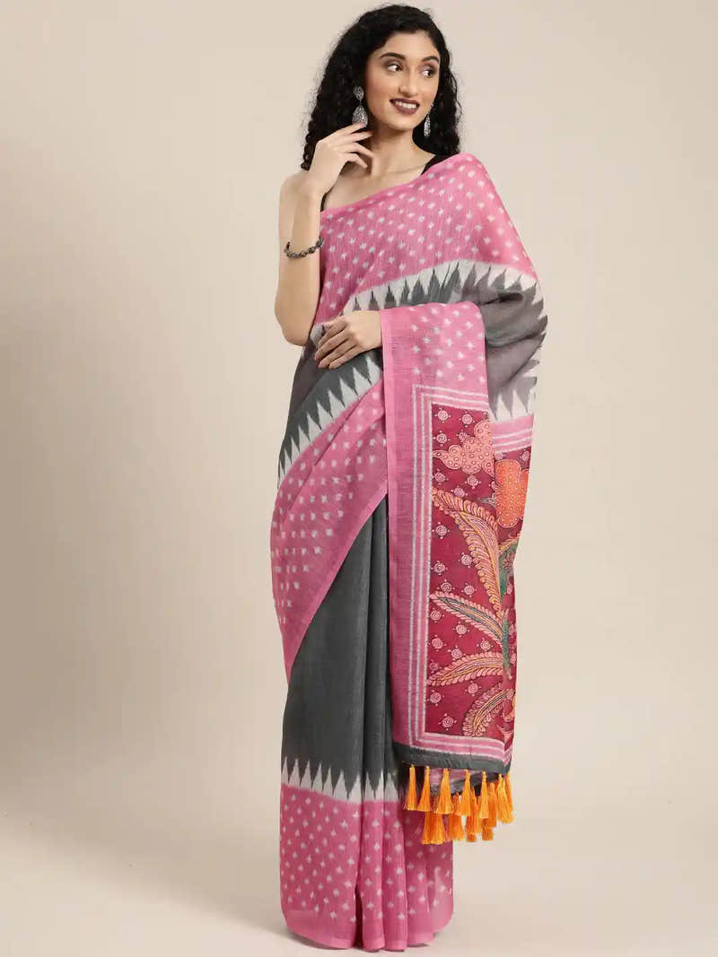 Grey Linen Blend Ikat & Kalamkari Print Saree