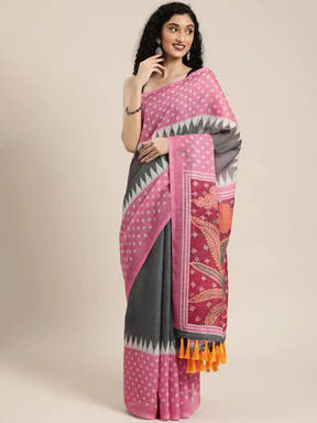 Exclusive Grey Colour Linen Blend Solid Ikat Saree