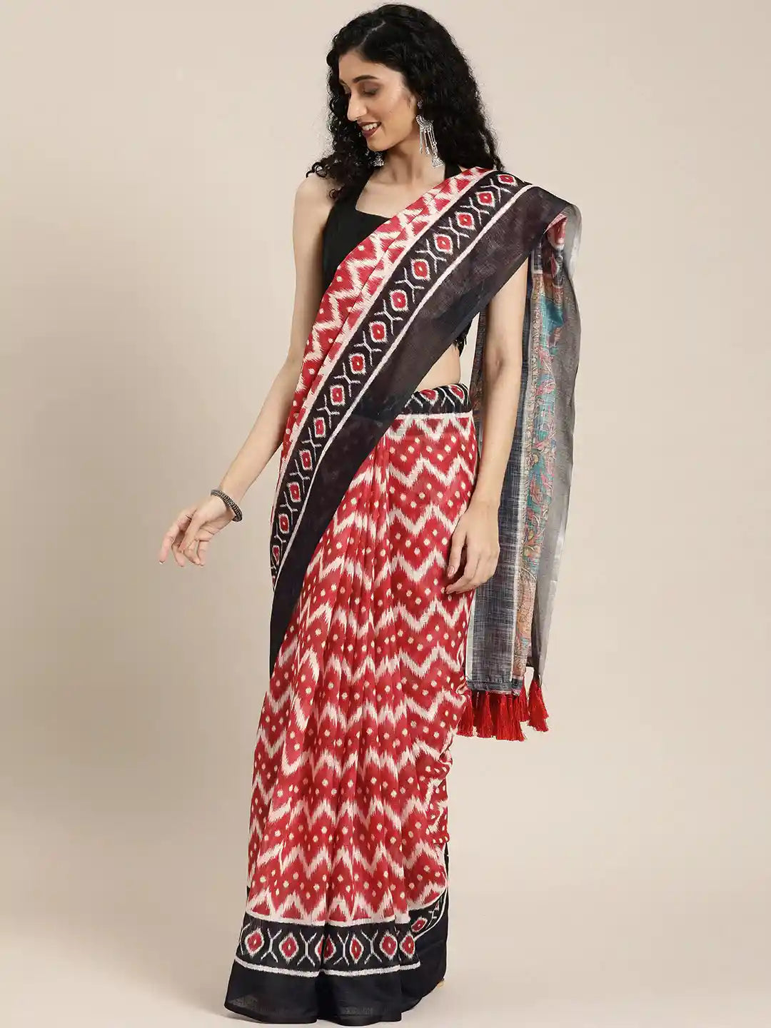 Red & Black Linen Blend Ikat Print Saree