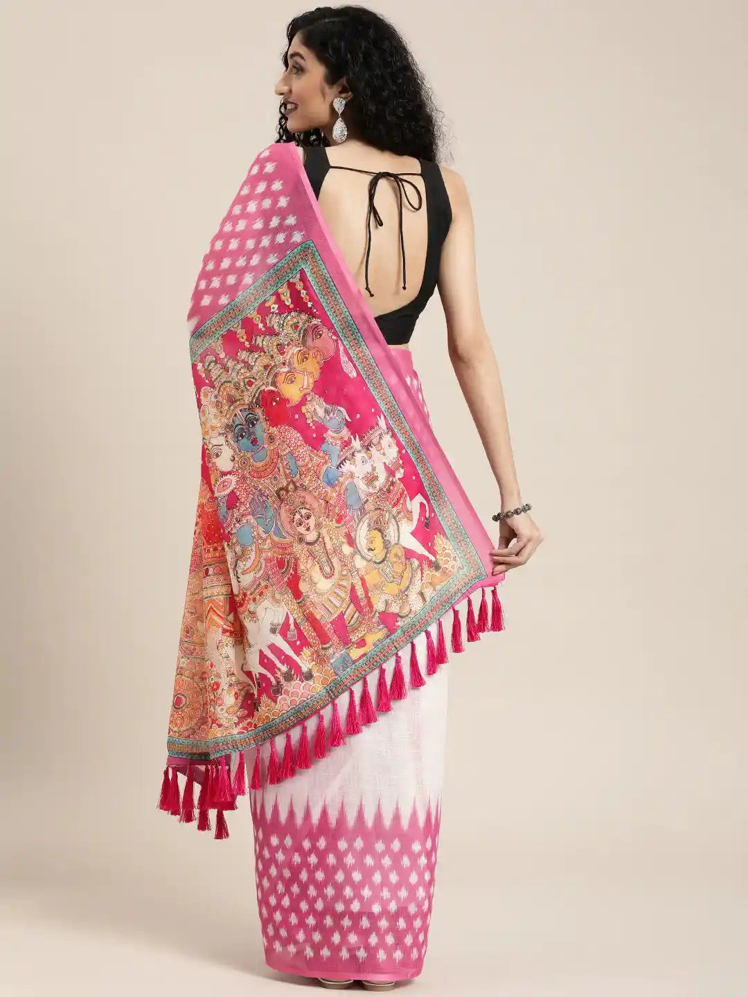 White & Rani Linen Blend Ikat Saree 