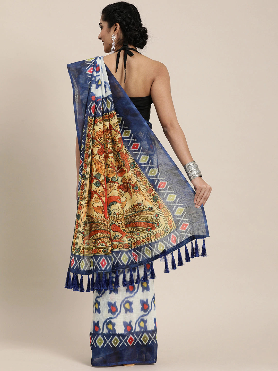 White & Blue Linen Blend Printed Ikat Saree