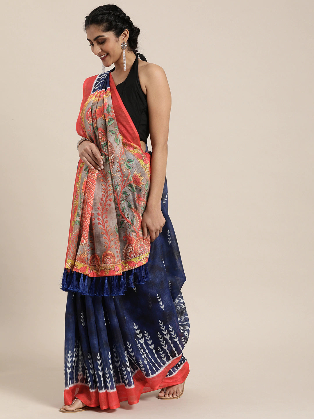 Blue & Red Linen Blend Printed Ikat Saree 