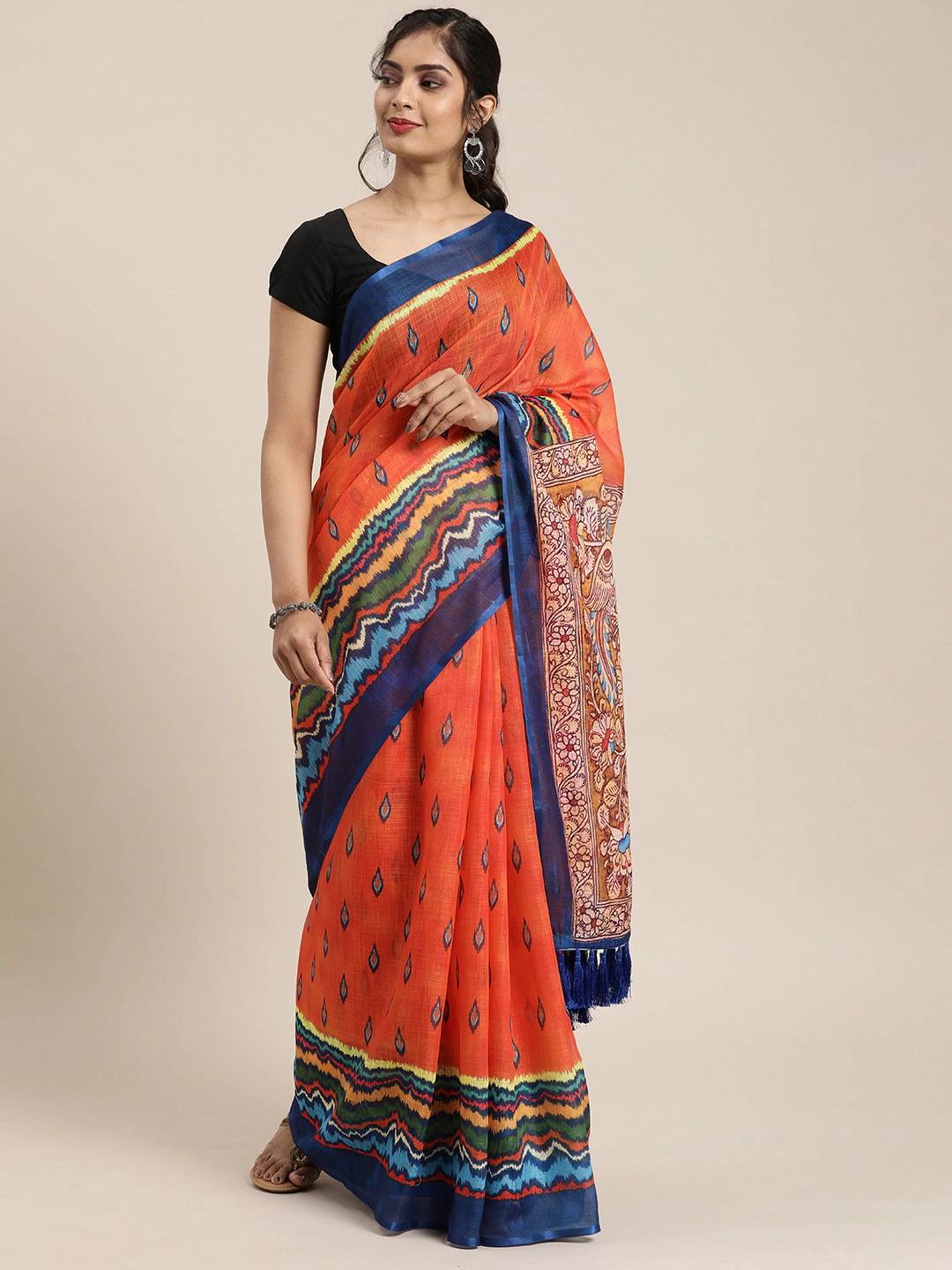  Orange & Blue Linen Blend Printed Ikat Saree