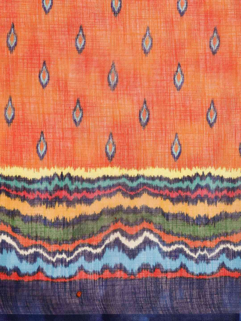  Orange & Blue Linen Blend Printed Ikat Saree