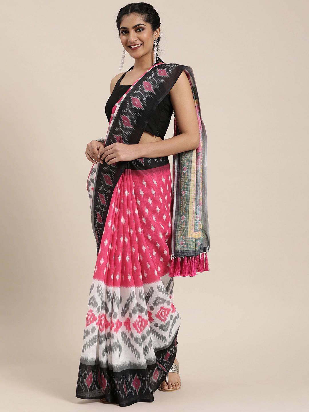 Rani Color Linen Blend Printed Ikat Saree