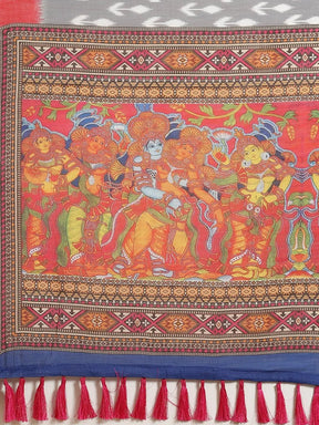 Buy Soft Linen Ikkat Kalamkari Digital Print Saree