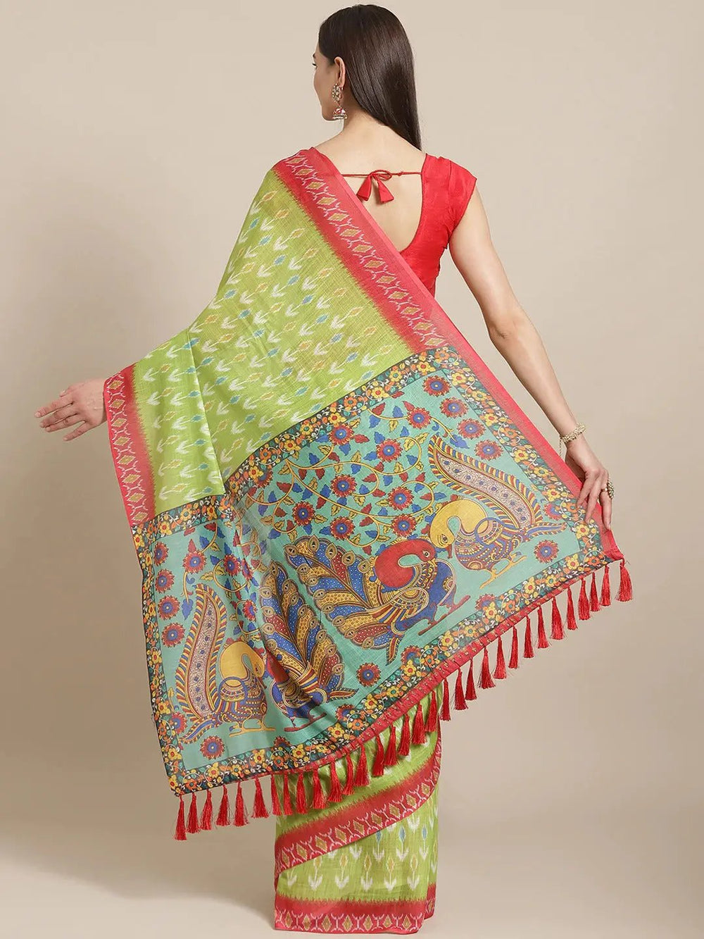 Buy Soft Linen Ikkat Kalamkari Digital Print Saree