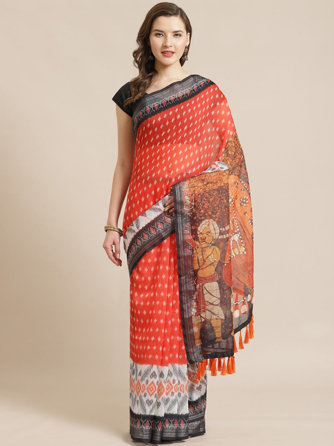 Exclusive Orange & White Colour Printed Ikat Saree