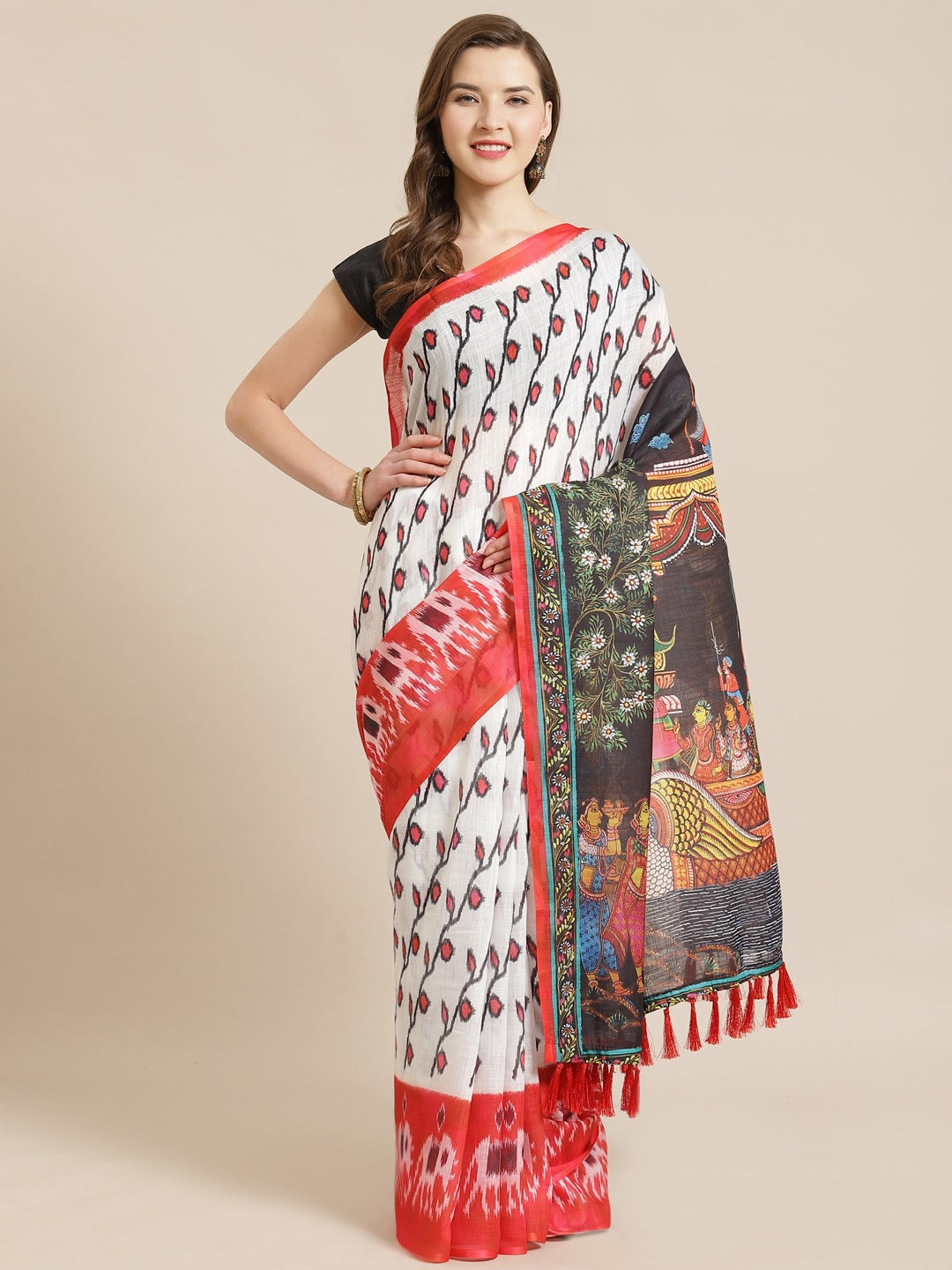  White & Red Colour Printed Ikat Saree