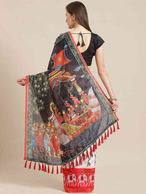  White & Red Colour Printed Ikat Saree