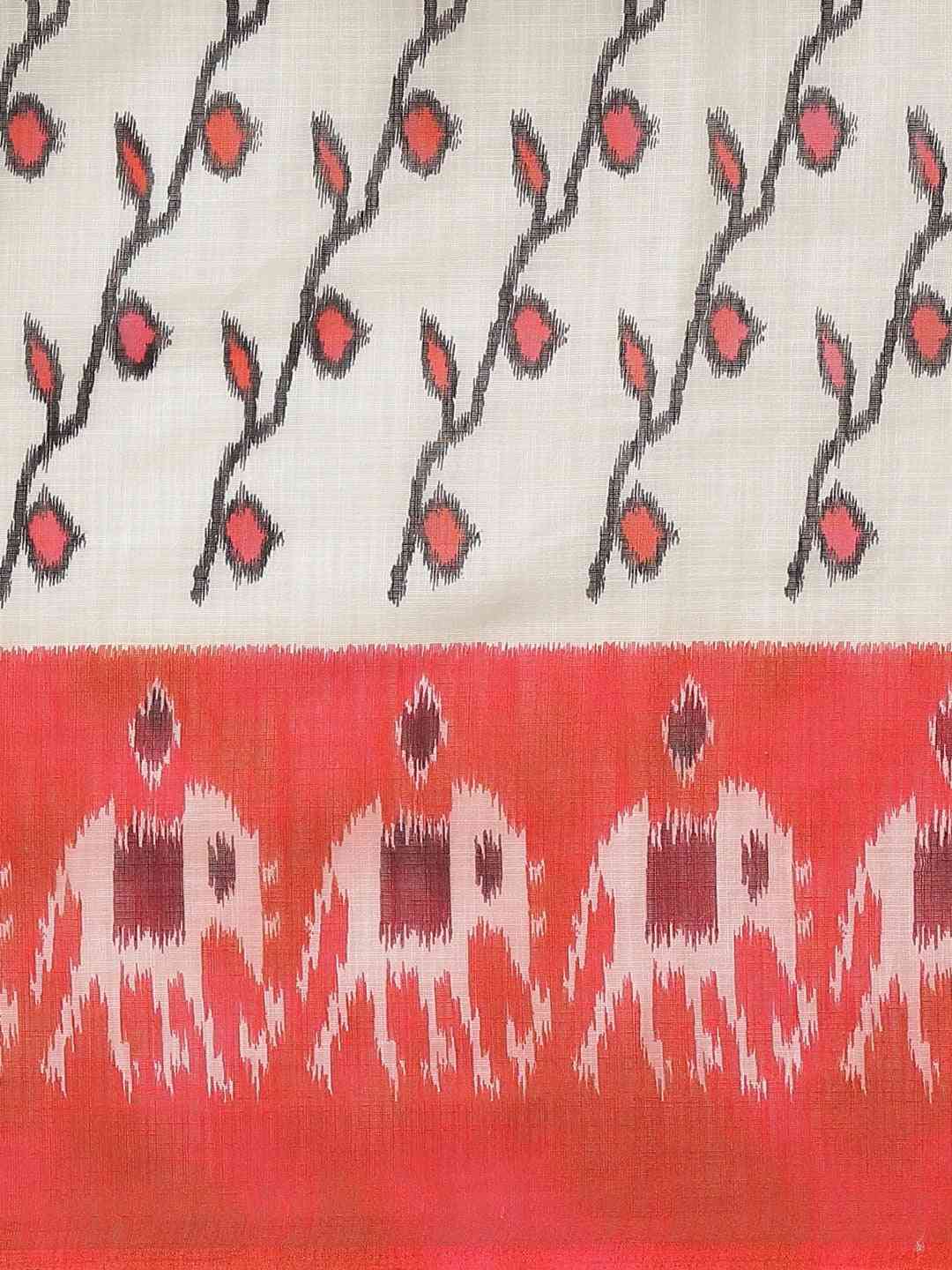  White & Red Colour Printed Ikat Saree