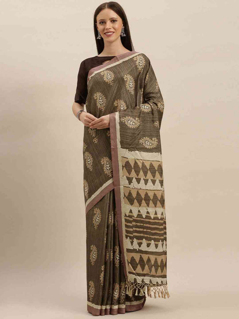 Brown & Beige Linen Blend Bagru Weave Saree