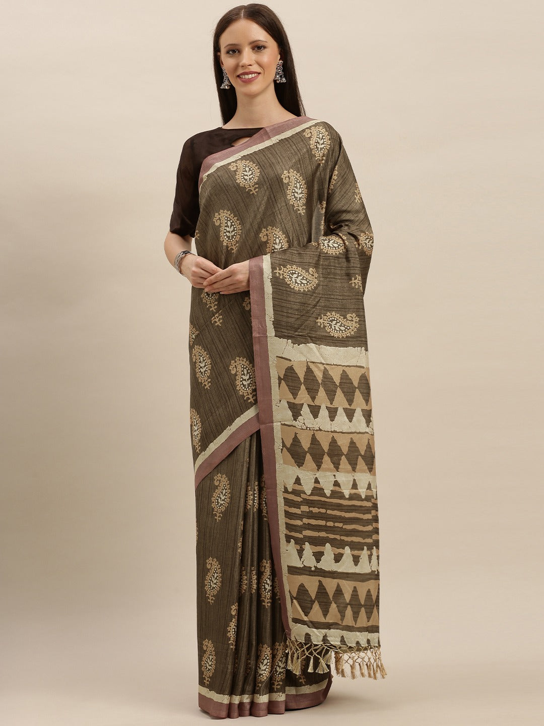  Brown & Beige Colour Linen Bagru Weave Saree