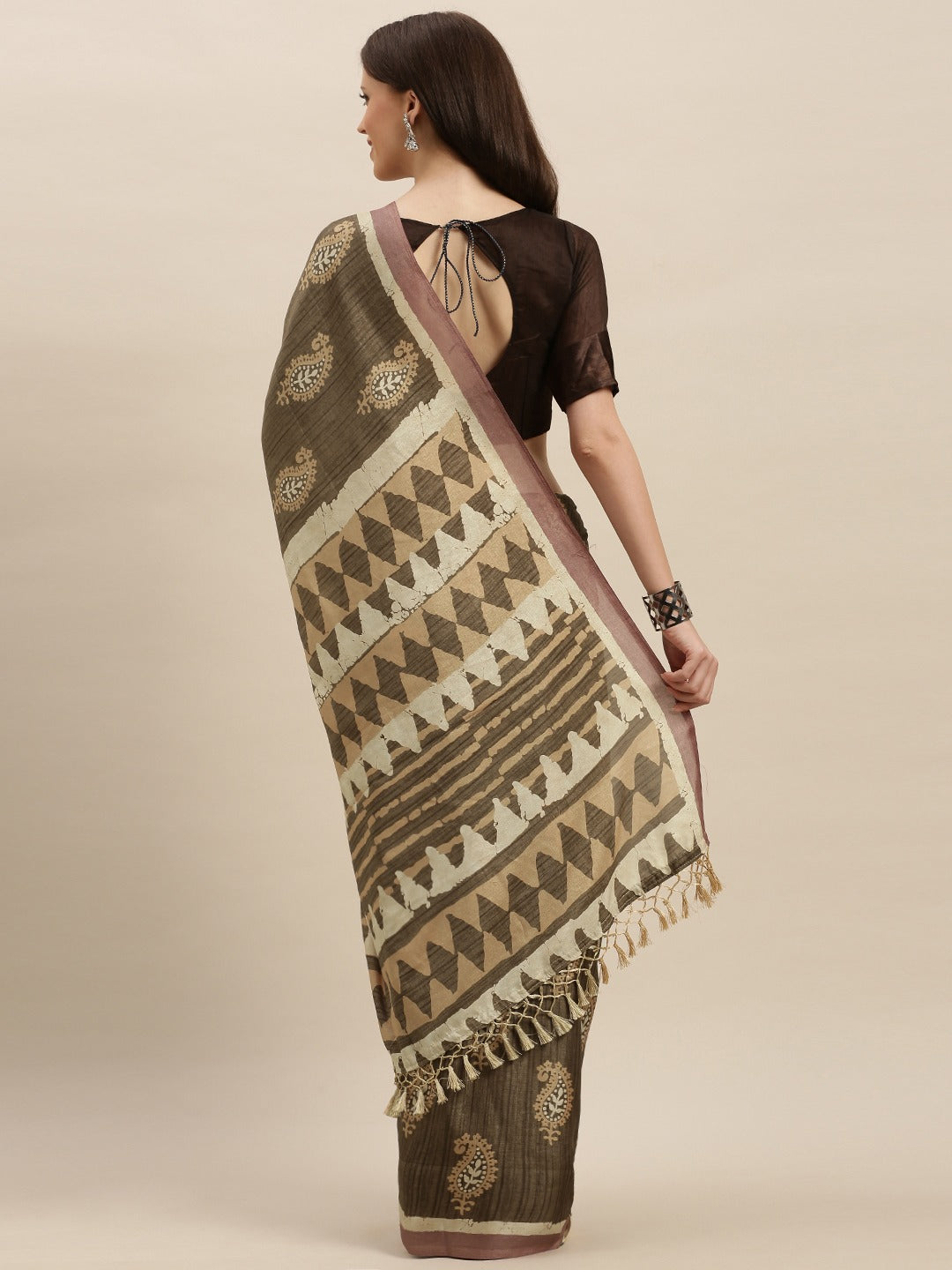  Brown & Beige Colour Linen Bagru Weave Saree