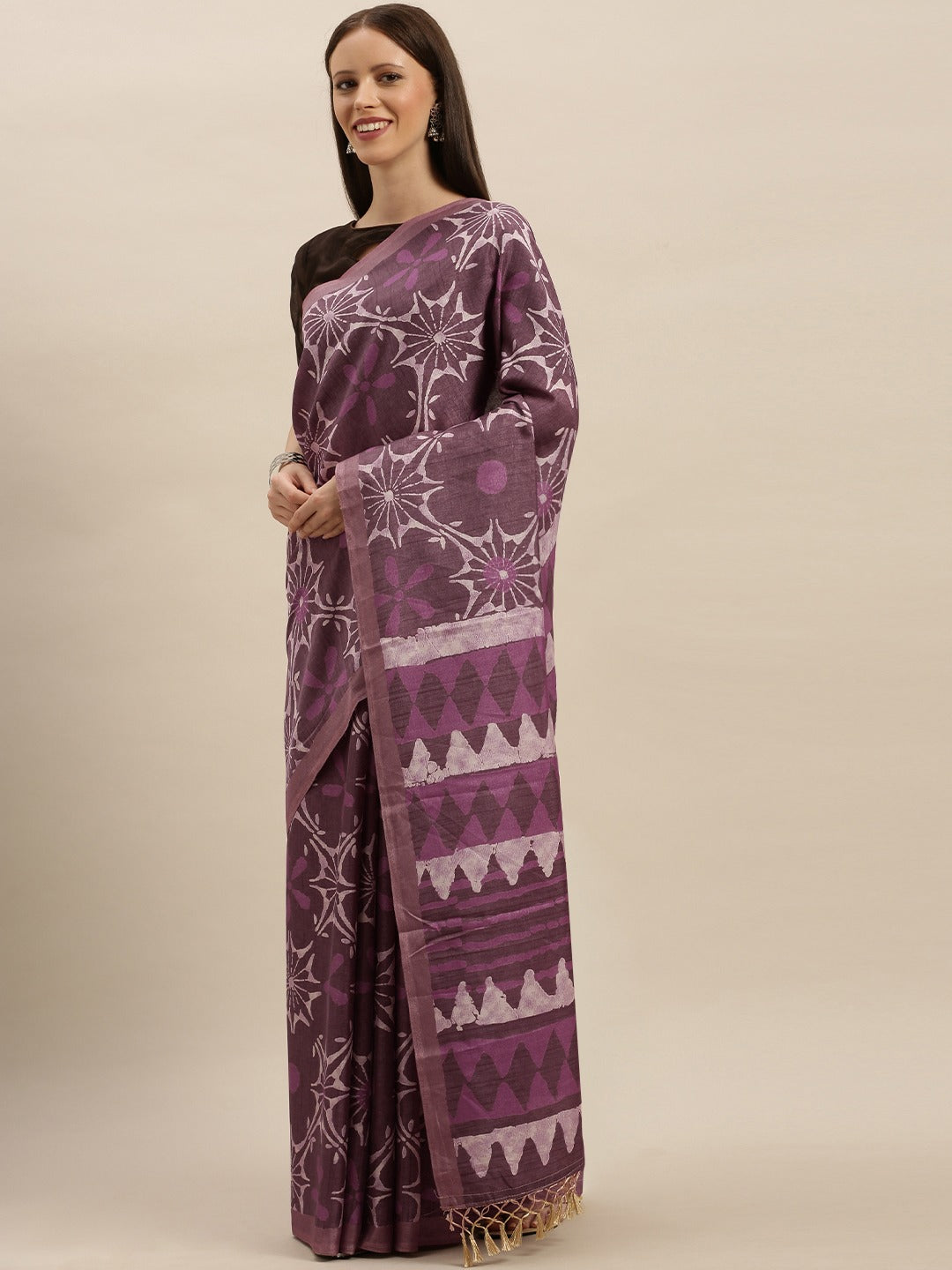 Burgundy & Purple Colour Linen Blend Printed Bagru Saree