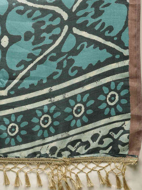 Grey & Blue Colour Linen Blend Bagru Saree