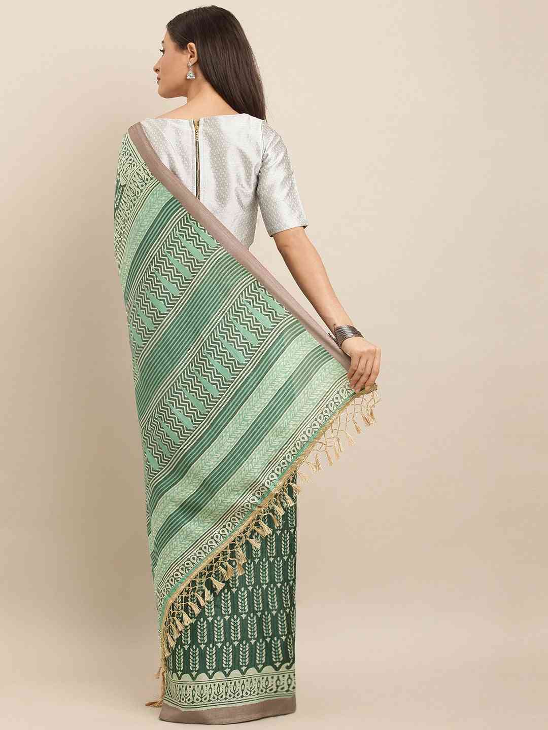  Green & Brown Colour Linen Blend Bagru Saree