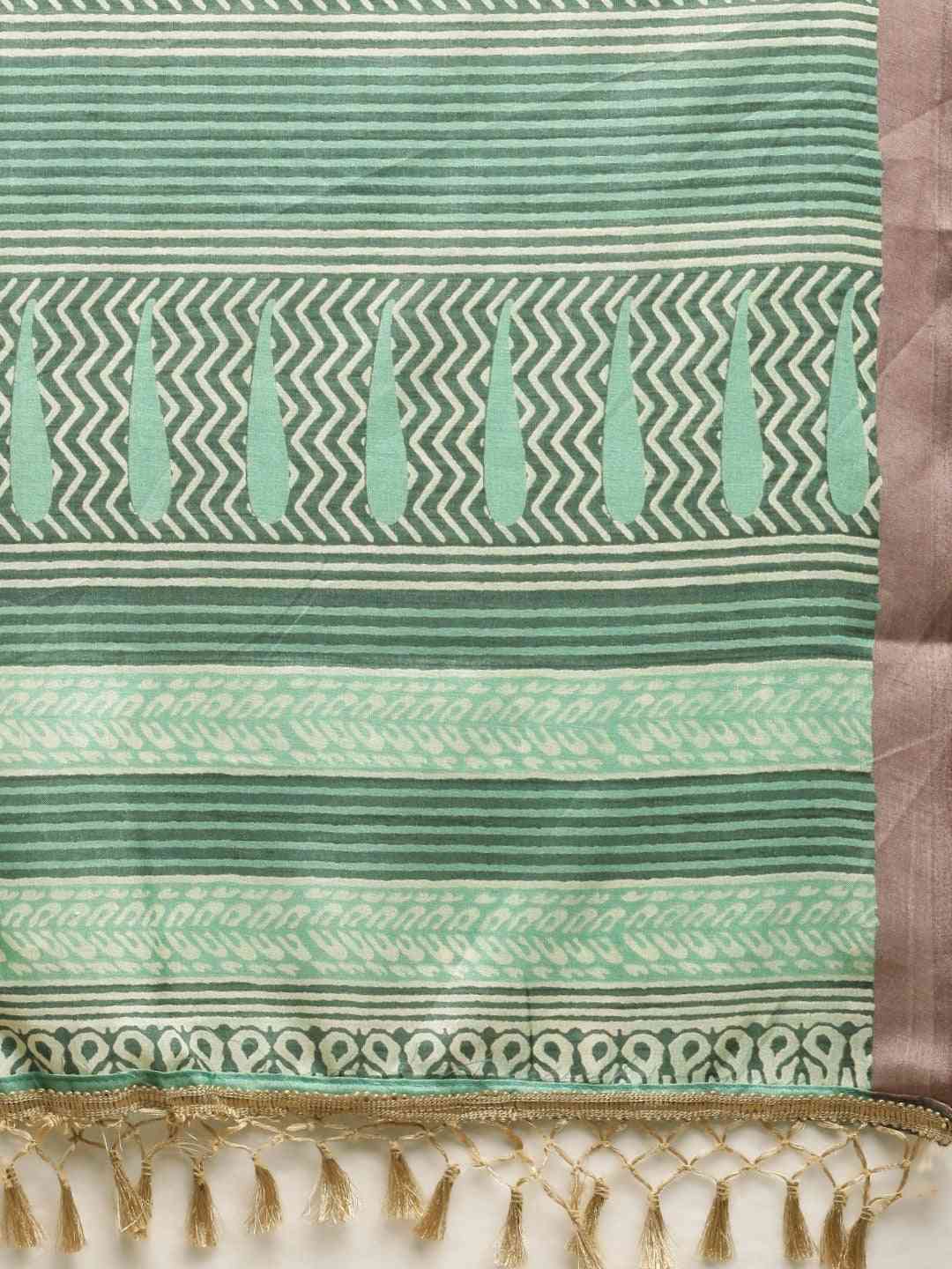  Green & Brown Colour Linen Blend Bagru Saree