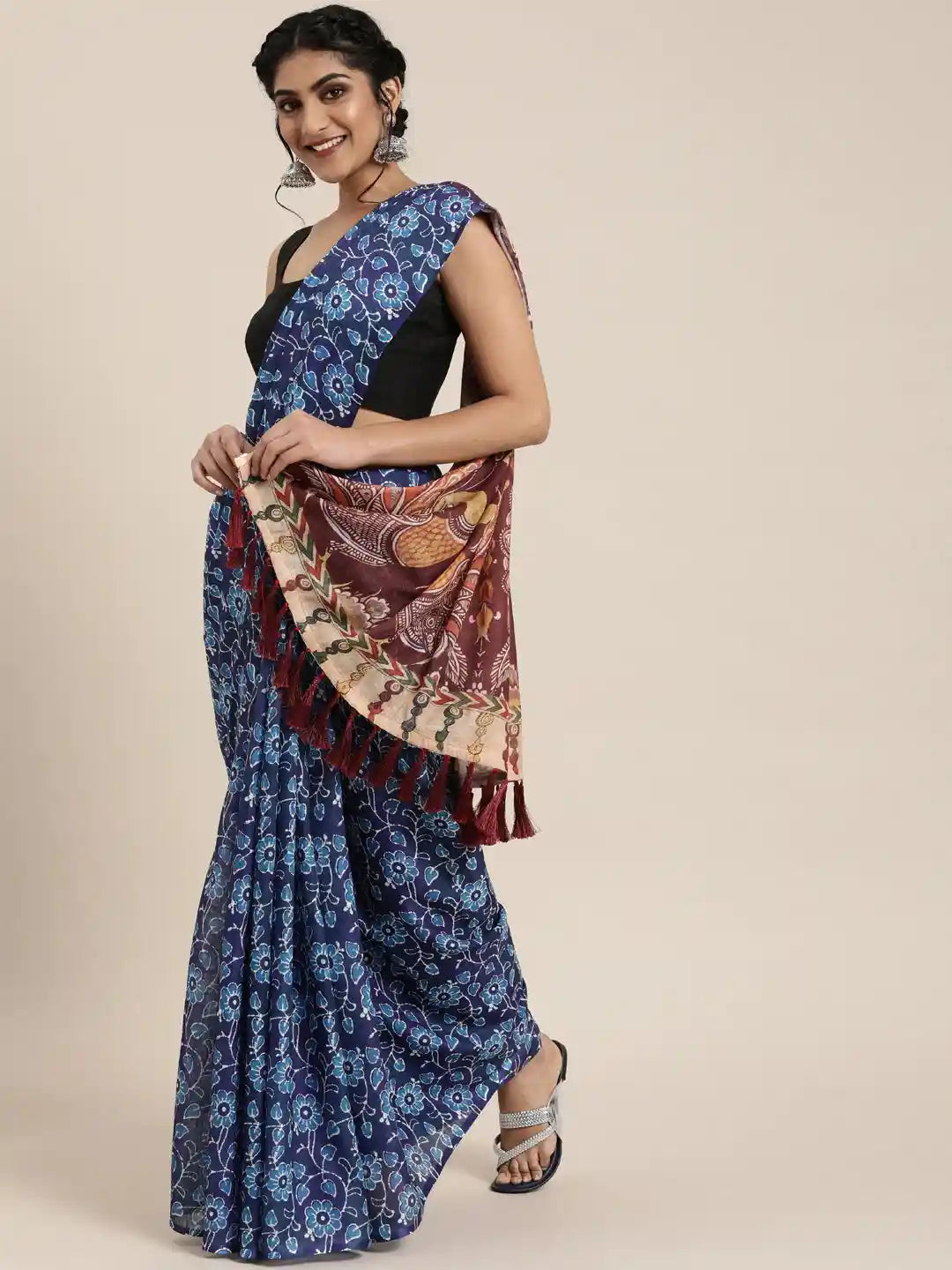  Celebrity Blue & Burgundy Colour Bagru Printed Saree