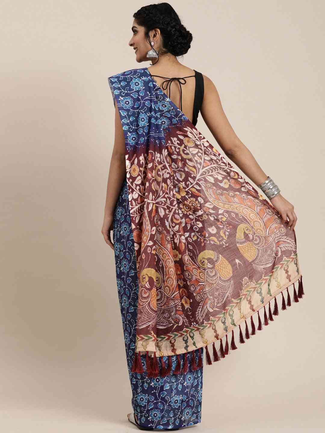  Celebrity Blue & Burgundy Colour Bagru Printed Saree