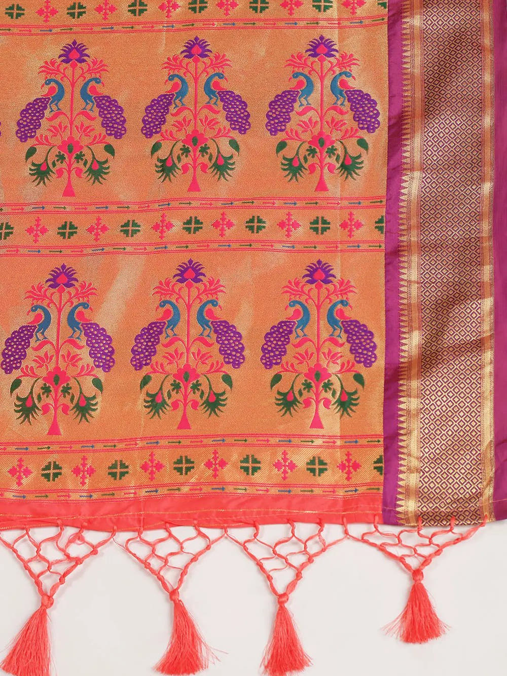 Traditonal Gajri Colour Yevla Paithani Minakari Work Silk Saree