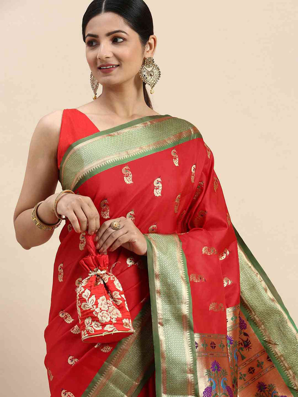 Traditional Red Colour Yevla Paithani Minakari Work Silk Saree