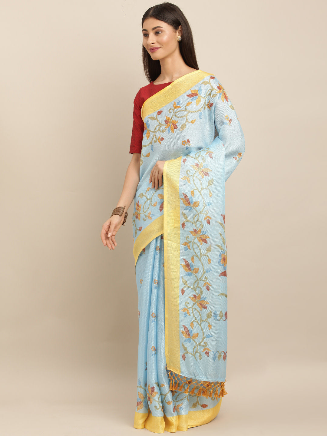 Exclusive Jamdani Sky Blue Colour Floral Print Solid Saree 