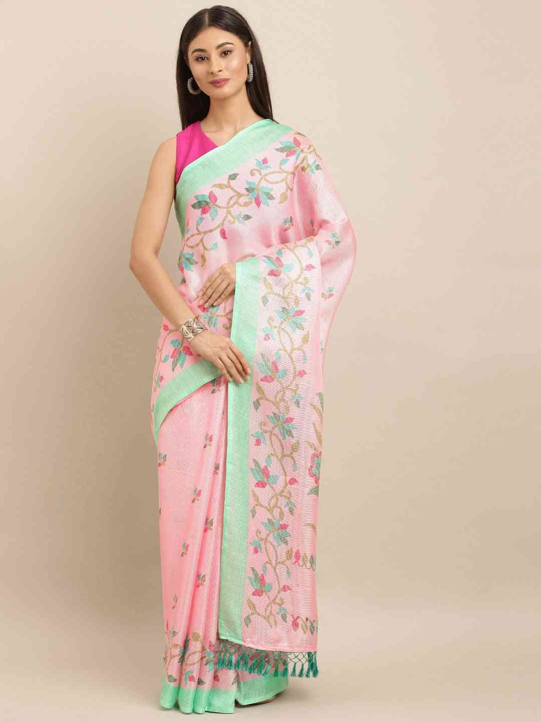 Jamdani Light Pink Colour Floral Print Saree