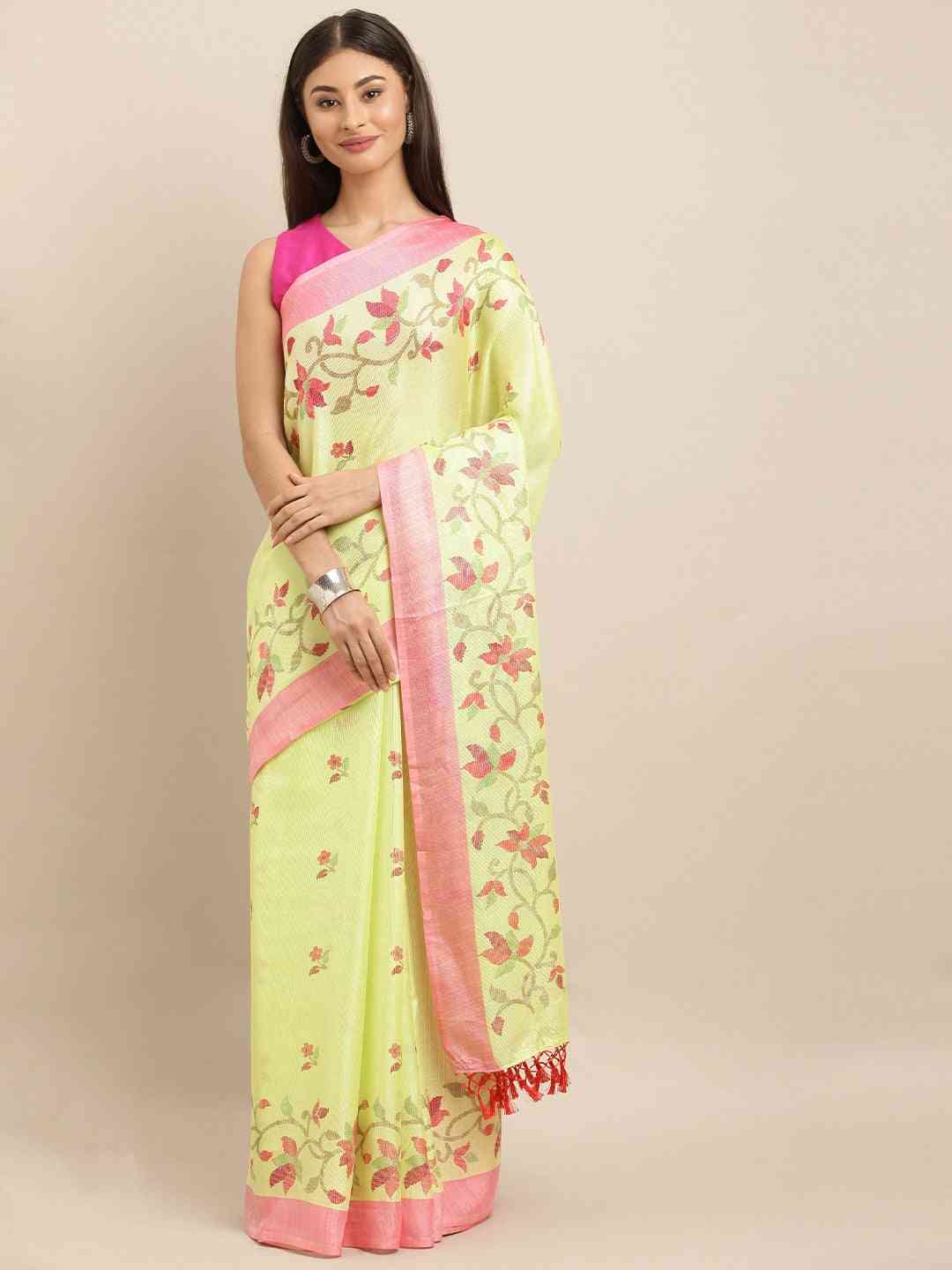 Jamdani Floral Print Solid Saree In Light Yellow Colour 