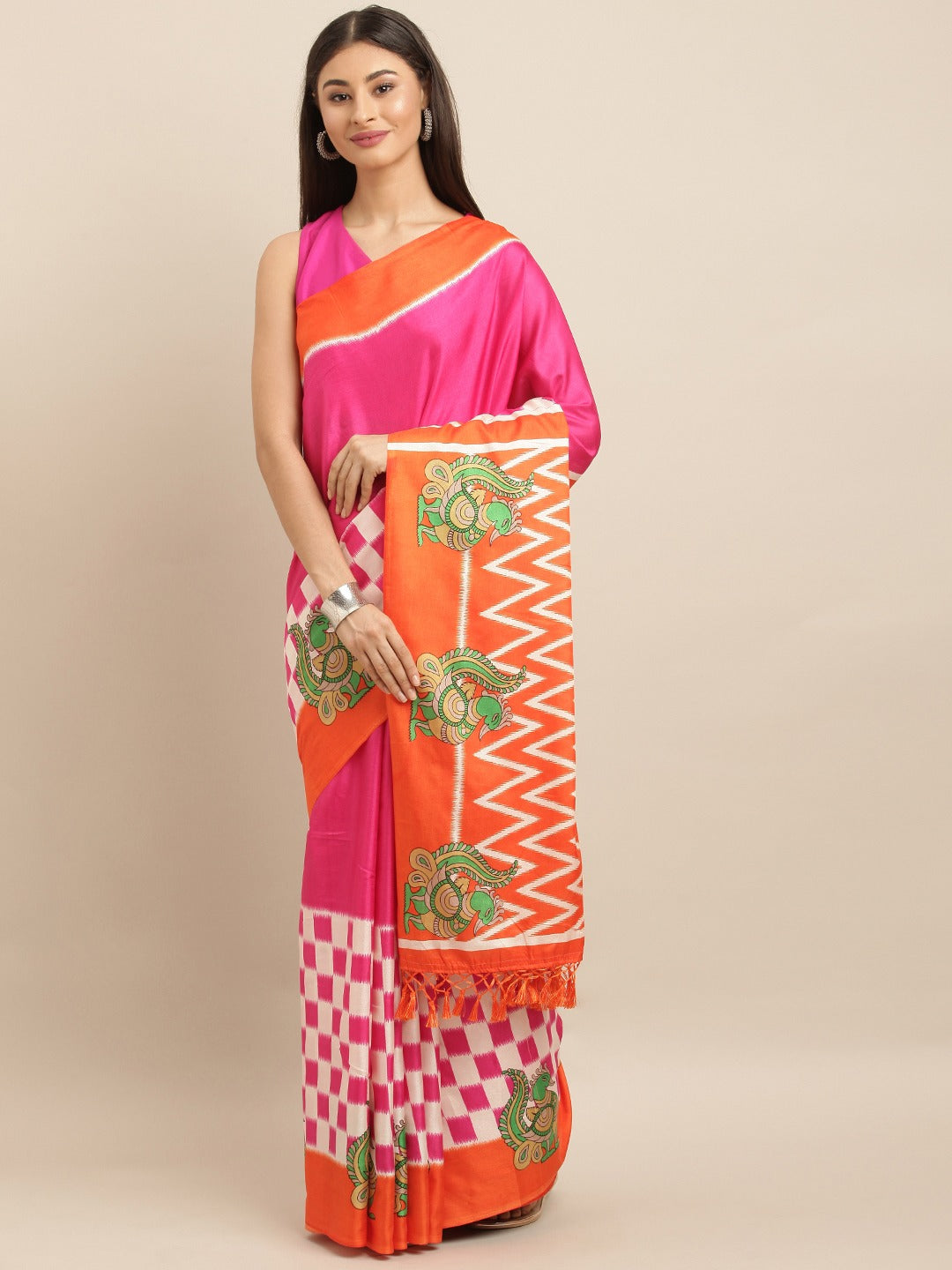 Beautiful Pink Colour Ikat Linen Printed Saree